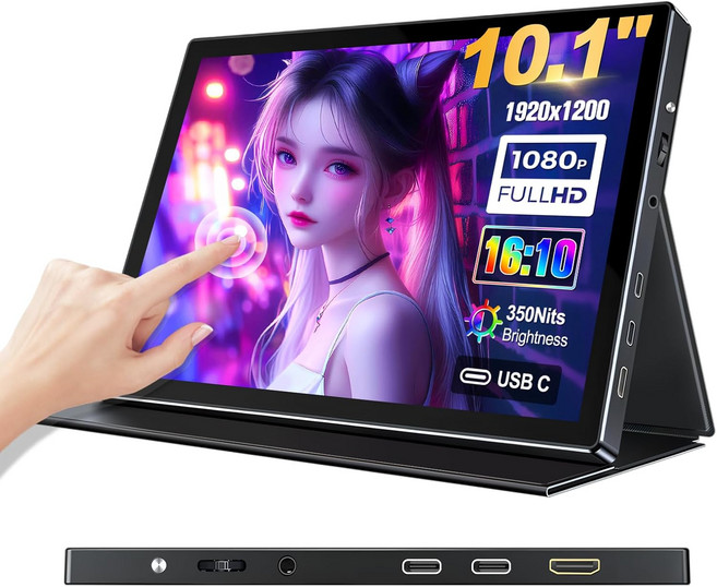 10.1인치 휴대용 터치스크린 모니터 스크린 익스텐더 1920x1200 IPS 여행용 소형 커버 포함 노트북 Windows PC Mac PS4 Xbox용 USB-C HDMI 컴퓨터, 10 inch