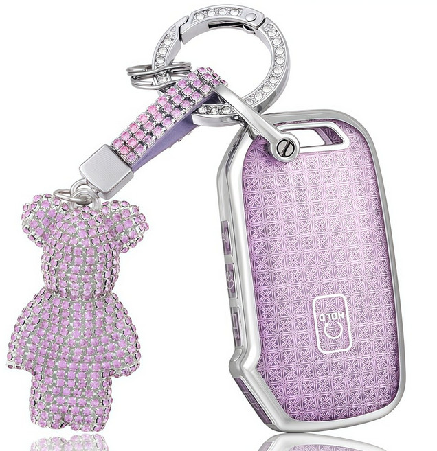 OFFCURVE 기아차 5버튼 큐빅곰돌이 차키 TPU 키커버 호환 스포티지 셀토스 쏘렌토 카니발 K5 반짝이 보석 디자인 키홀더, 보라색은