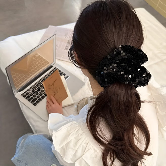 블랙 스팽글 포인트 빅사이즈 헤어 스크런치 곱창 머리끈