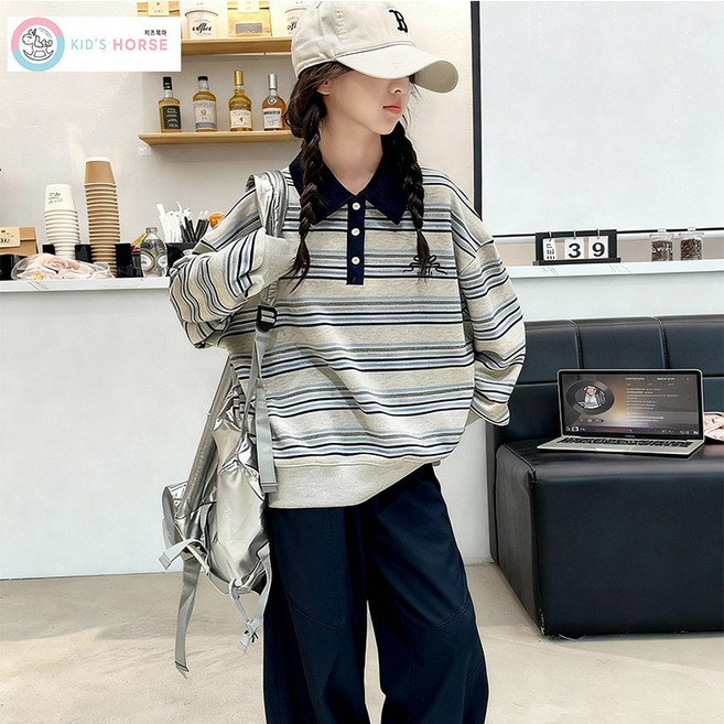 키즈목마 여야용 스트라이프 리본자수 카라티 주니어 상의 초등학생 봄 가을 세트 주니어 긴팔 빅포켓 긴바지 초등생 상하세트797
