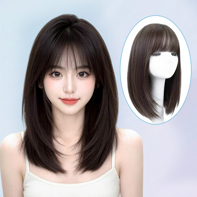 Lumiweft 일체형 쇄골 여성 가발 수제 레이어드 앞머리 생머리 통가발, 1개, 흑차색