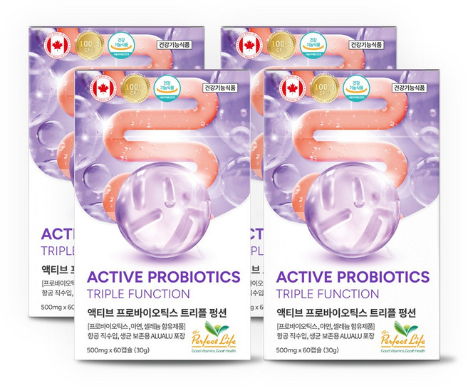 퍼펙트라이프 액티브 프로바이오틱스 트리플 펑션 100억 유산균 아연 셀레늄 장건강, 4개, 60정