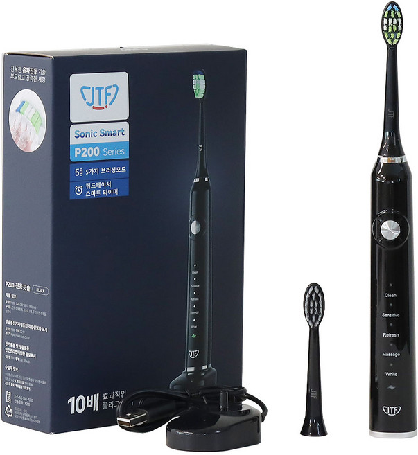 JTF P200 음파 전동 칫솔 무선충전 IPX7 완전방수 5가지 사용자모드, P200 블랙
