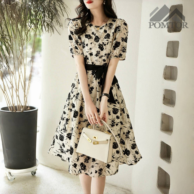 POMTOR 여름 여성 라운 반팔 플라워 빅 사이즈 면마 롱 원피스