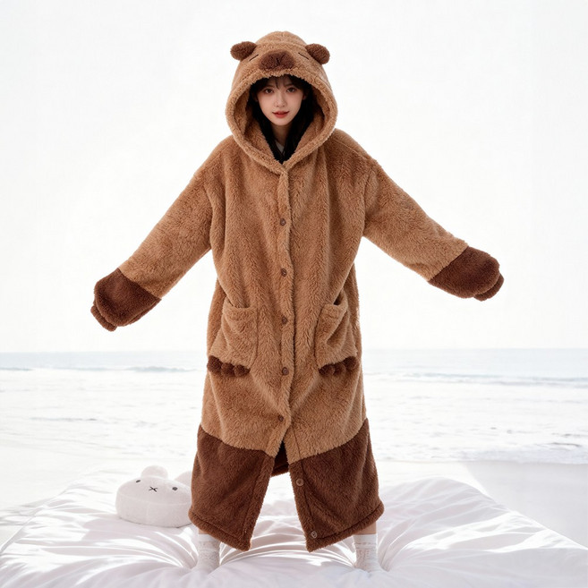 말랑마쥬 동물 캐릭터 후드 극세사 원피스 잠옷