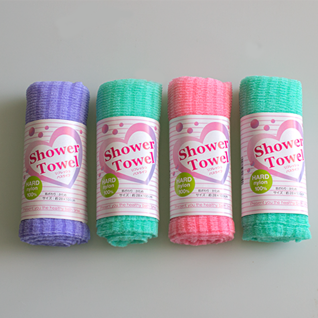 일본 아이센 노송나무 샤워타올 4개 까칠한 일제 목욕 바디타올 하드타입, 핑크,퍼플,그린 랜덤, 1세트, 4개입