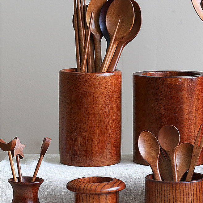 나무 원목 수저꽂이 옻칠 수저통 우드 조리도구 꽂이, 1개, 원형꽂이 소