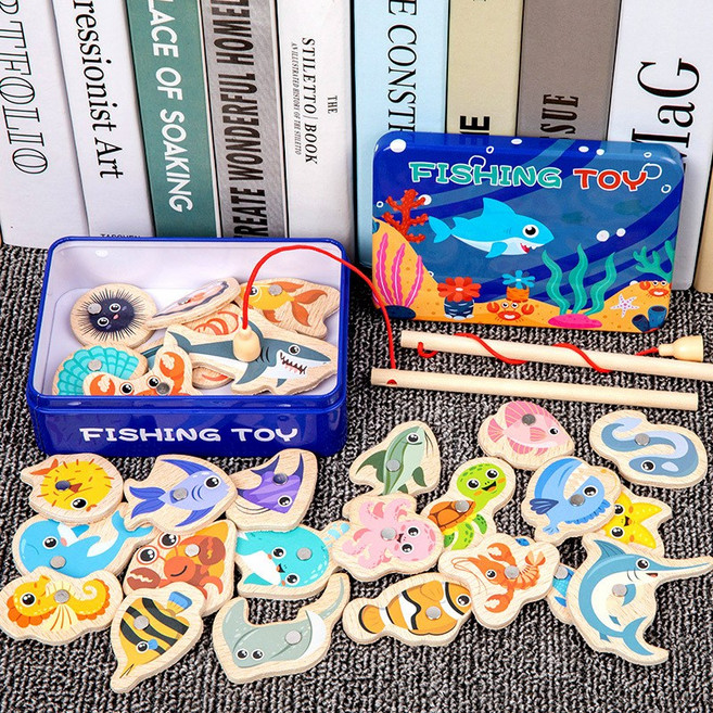 木製海洋釣魚玩具, 31條魚 2根魚竿 鐵盒裝, 1個