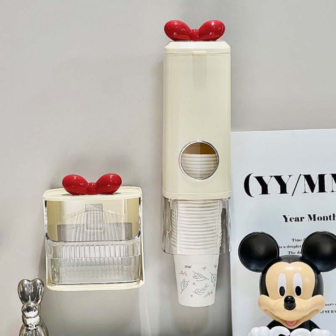 UNI 무타공 접착식 귀염뽀짝 종이컵 디스펜서 티백보관함 캡슐보관함, 1개, 크림리본