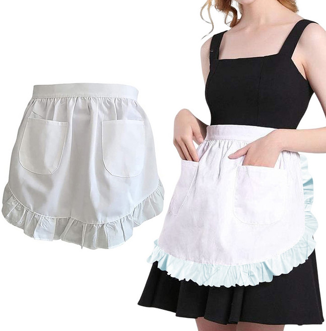 앞치마 절반 길이 공주 앞치마 포켓이 있는 일반 흰색 프릴 레이스, 1개, 하얀