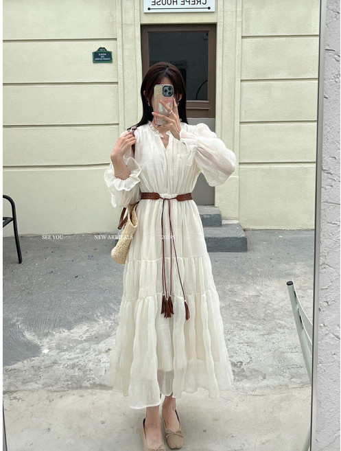 여성 긴팔 쉬폰 롱 원피스 여성 프렌치 하이웨스트 디테일 쉬폰 롱 원피스 여신룩 봄가을 LCL