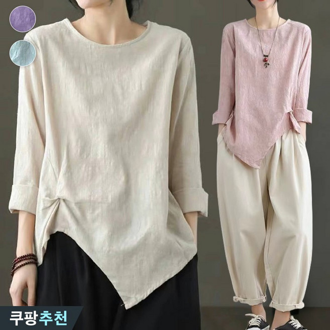 (완전 추천) 85kg까지 빅사이즈 여성 언발티 빈티지 린넨 셔링 반팔 티셔츠 여름 편한 캐주얼 패션 날씬해보이는 단아한 기질 7부 소매 면 마 비대칭 디자인 이쁜 입체 상의 티