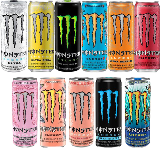 [드링킹] 몬스터에너지 11종 울트라+시트라+그린+망고+펀치+선라이즈+피치킨+제로+레모네이드+파피용+스트로베리 x 1개씩 (총11개), 11개입, 355ml