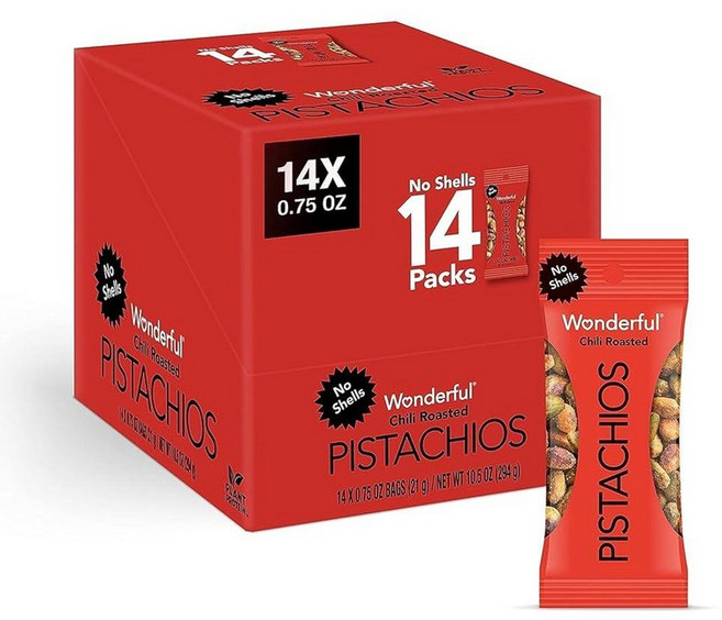 Wonderful Pistachios 껍질 없음 할라피뇨 라임 너트 21.3g(0.75온스) 백(14팩) 단백질 스낵 글루텐 프리 이동 중에도 개별 포장된 건강한 스낵, Chili Roasted
