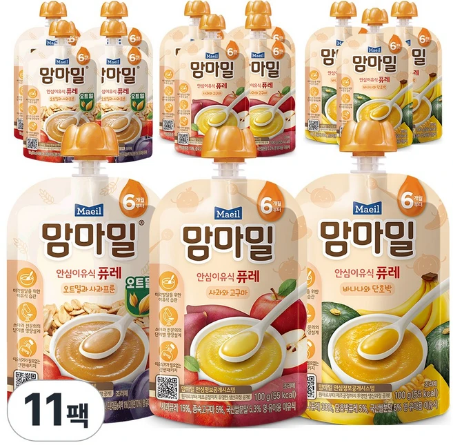 매일유업 맘마밀 6개월 퓨레 맛보기(오트밀사과프룬4+사과퓨레3+바나나퓨레3) 10팩+사과퓨레 추가 1팩증정, 100g, 11개, 오트밀,사과,바나나 - 쿠팡