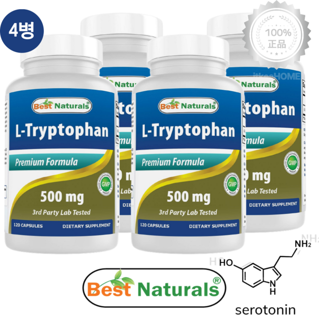 [4병] 베스트네츄럴스 L 트립토판 500mg 120캡슐 보충제 L-Tryptophan, 4개, 120정