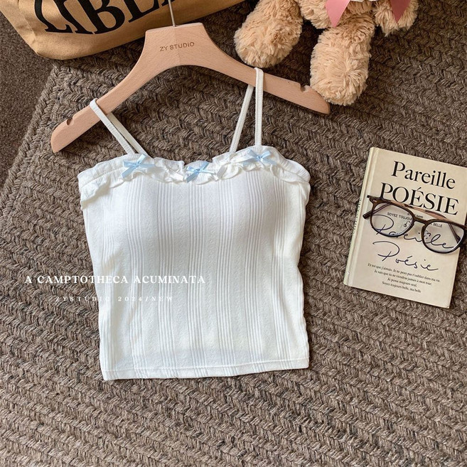 Asure 여성 스위트 레이스 리본 꽈배기 끈나시 캡내장 슬림 이너 상의