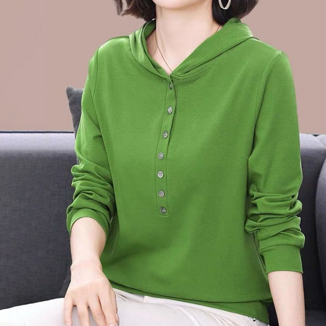 PEROLA 여성 봄가을 면 맨투맨 솔리드 후드 상의 싱글 버튼 디자인 얇은 루즈핏 캐주얼 긴팔 티셔츠