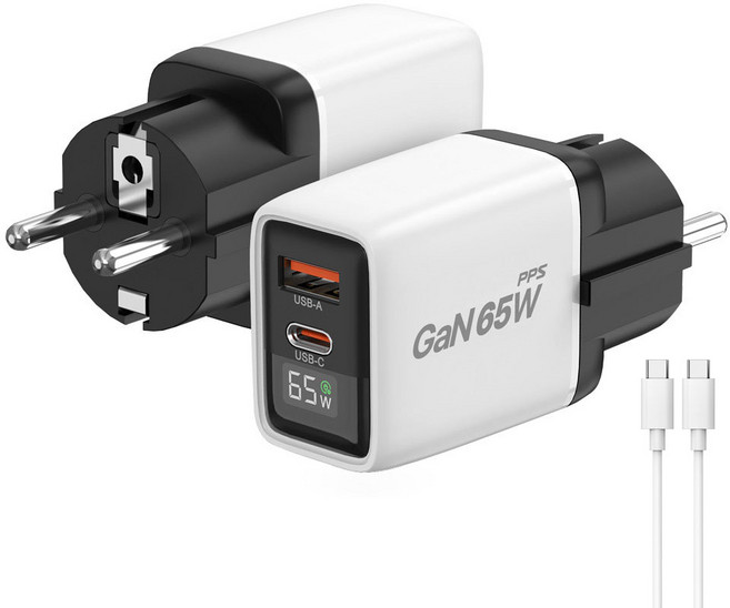 GAN PD PPS C타입 USB 65W LED 초고속 충전기 접지 플러그, 화이트