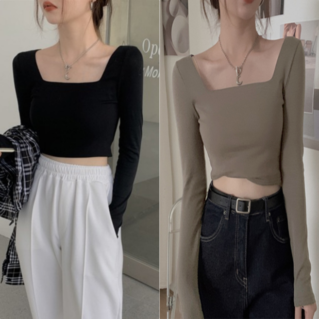 에르모소 1+1 여성 스퀘어넥 크롭 긴팔 티셔츠 여름 사계절 크롭티 H-C035