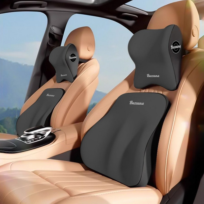 차량용 메모리폼 목쿠션 허리쿠션 세트 1+1 통풍 등받이쿠션, 블랙, 1세트