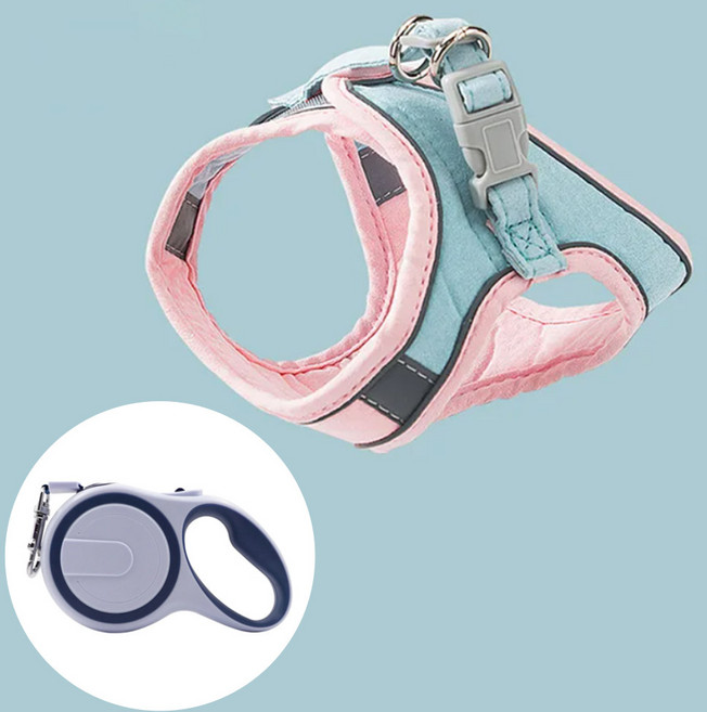 숑숑펫 반려동물 베이직 자동 리드줄+투톤 하네스 세트, 핑크