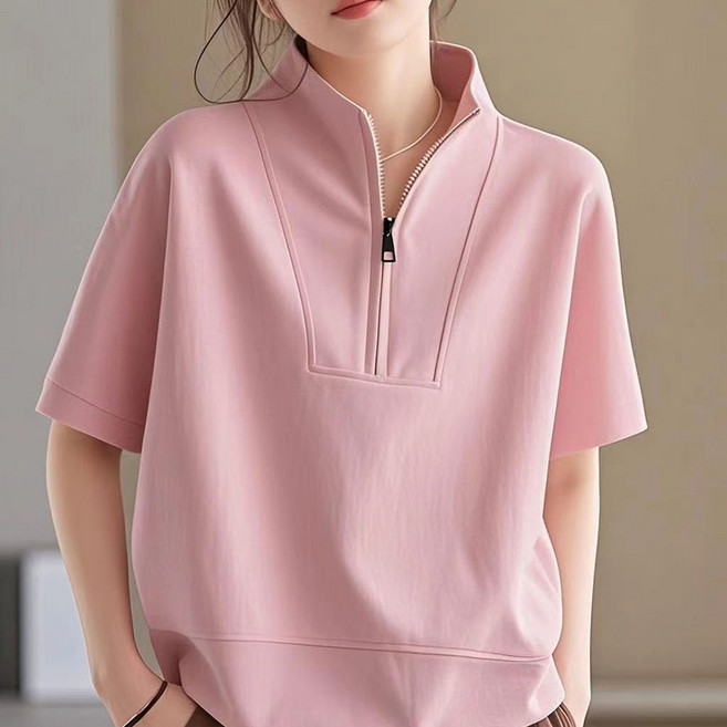 ROYALBELLE 여성 반집업 반팔 맨투맨 루즈핏 캐주얼 패션 티셔츠 V070303