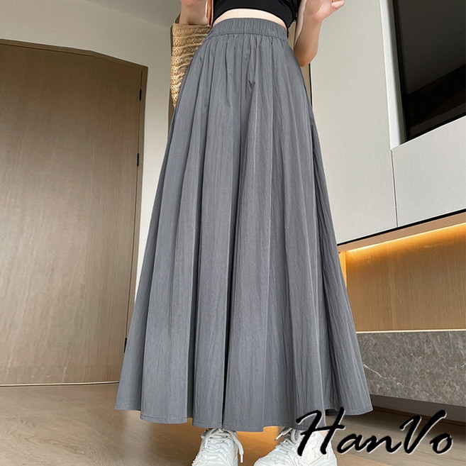 HanVo 冰絲涼感闊腿褲裙 垂順遮肉顯瘦A字長褲 九分休閒褲 A04-2642