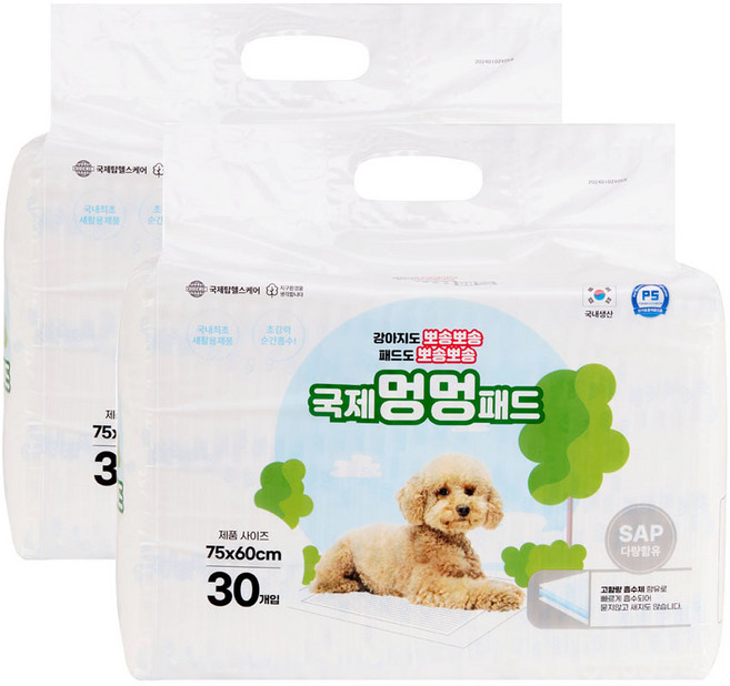 국제멍멍패드 국내생산 친환경 반려견패드 대형 (60x76cm) 2팩 60매, 30개입, 2개