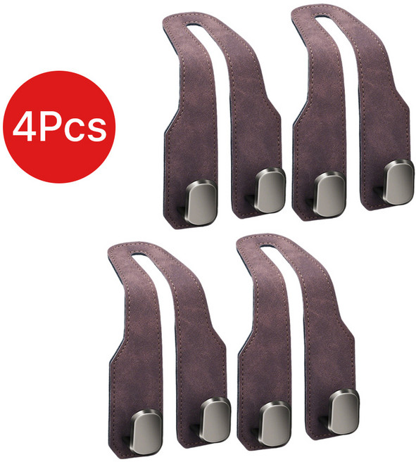 듀얼후크 자동차 후크걸이 헤드레스트 고리 걸쇄 인조 스웨이드+합금 후크행거 휴대폰거치 가방 봉지, 브라운, 4개