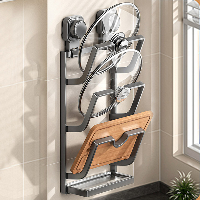 무타공 흡착식 냄비뚜껑 정리대 주방 벽걸이 도마 수납 선반, 다크그레이 3단, 1개