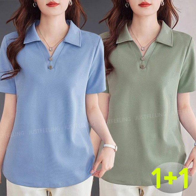 JUSTFEELING 1+1/2장세트 반팔 카라티 패션 중년여성 40대 50대 빅사이즈 M-5XL 기질 엄마옷 패션 날씬해보이는 여름티 편안한 운동복 티셔츠 상의