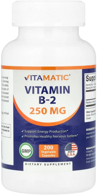 Vitamatic Vitamin B-2 250 mg 200 Vegetable Capsules, Vitamatic, Vitamin B-2, 250 mg, 1개 - 쿠팡