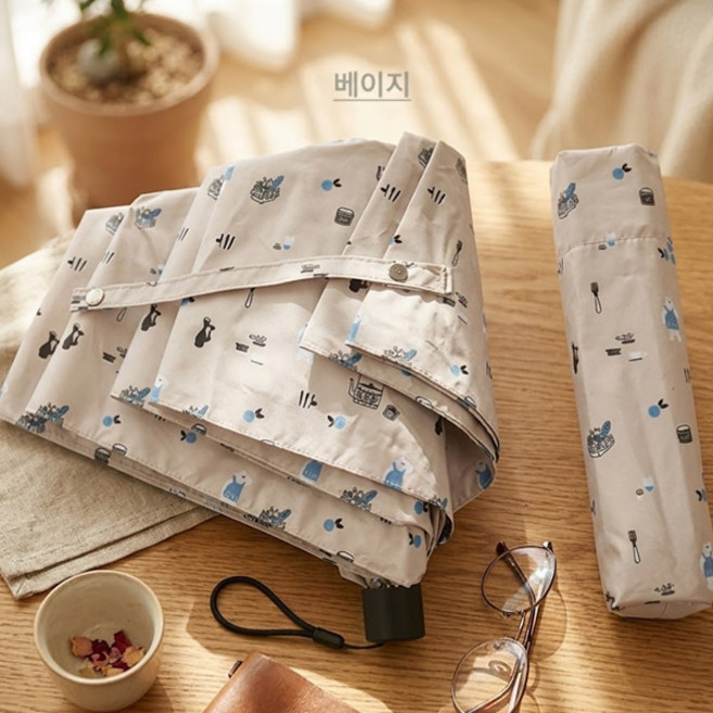 키친베어 파스텔 캐릭터 패턴 초경량 비오는날 휴대용 미니 3단 슬림 암막코팅 우양산 베이지