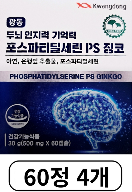 광동 두뇌 인지력 기억력 포스파티딜세린 PS 징코 은행잎 추출물 혈행개선, 2개, 120정