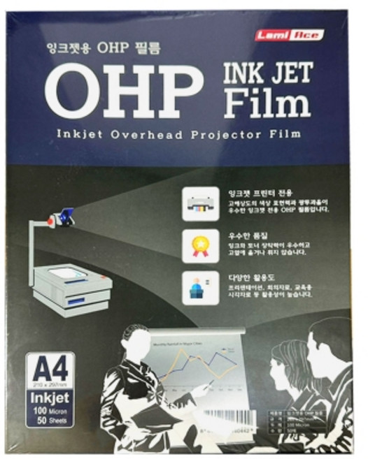 (SM)라미에이스 OHP필름 잉크젯용 낱장복사용 100mic A4 A3 100매입 50매입, A4 잉크젯용 50매 210x297mm