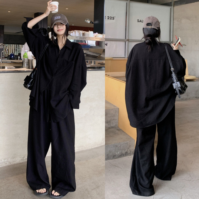 에쥬아 여성 상하세트 긴팔셔츠+밴딩와이드팬츠 오버핏 바캉스룩 캐주얼세트