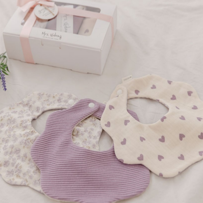 [출산백일선물] 우이동금손 쁘띠하트 턱받이3종세트[선물포장+쇼핑백세트], 퍼플세트, 1개, 3개입