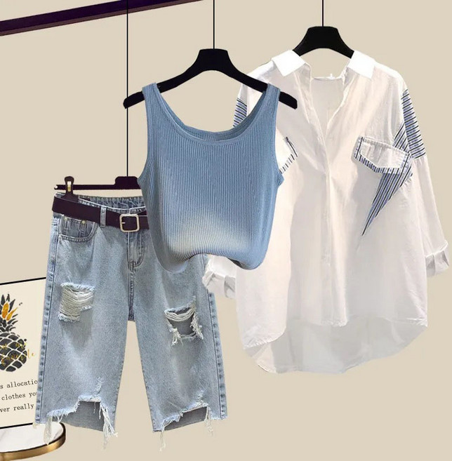 Asure 여자셋업 데일리룩 3종세트 나시+셔츠+반바지 원마일 웨어