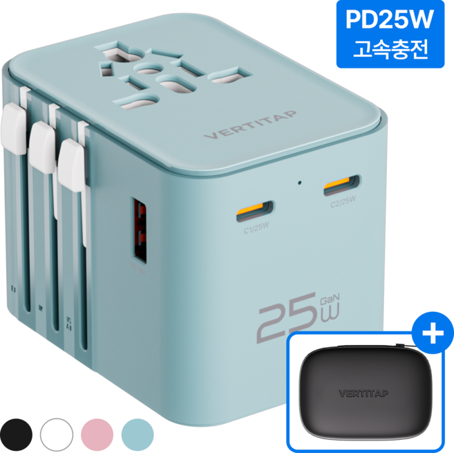 버티탭 트레블러 에어 PD 25W 멀티 어댑터 해외 전세계 여행용 멀티탭 usb 콘센트 플러그 돼지코 일본 베트남 중국 홍콩 태국 대만 필리핀 미국 유럽, 1개, 블루
