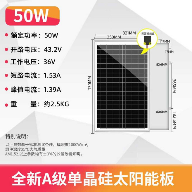 태양광 발전 패널 태양열 충전 패키지 단결정, 1개, 61. 50W 36V 패널+전선
