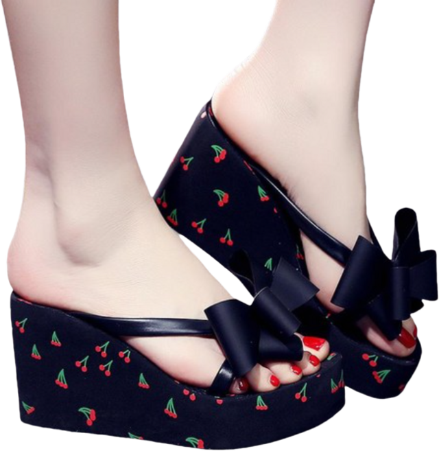 8cm 키높이 리본 쪼리 슬리퍼 체리 웨지힐 작은발 큰발 경량 샌들