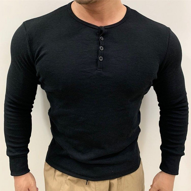 亨利T賉 長袖 修身長袖 粗螺紋修身彈力亨利衫運動健身顯大T恤男秋彈力百搭長袖