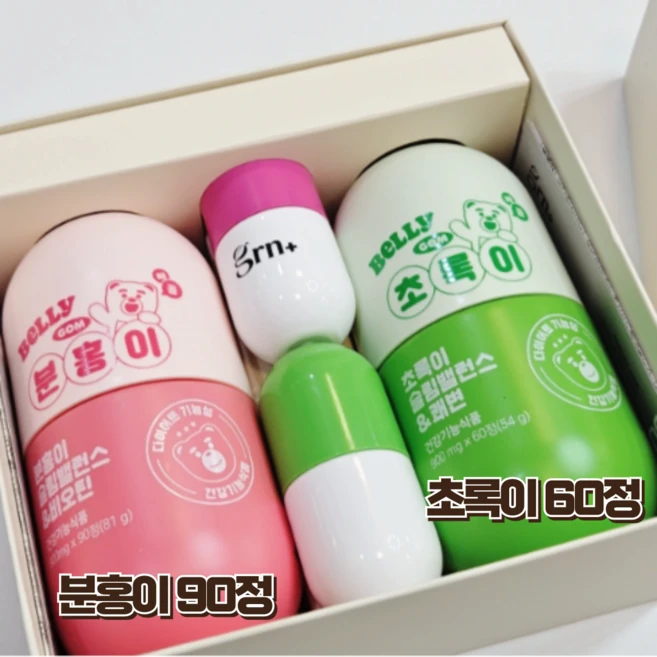 GRN 벨리곰 분홍이 슬림밸런스 앤 비오틴 + 초록이 슬림밸런스 앤 쾌변 + 알병 케이스 2p, 60정, 2개 - 쿠팡