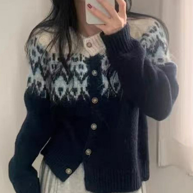 cammello 여성 노르딕 패턴 니트 가디건 라운드넥 기본핏 긴팔 니트티