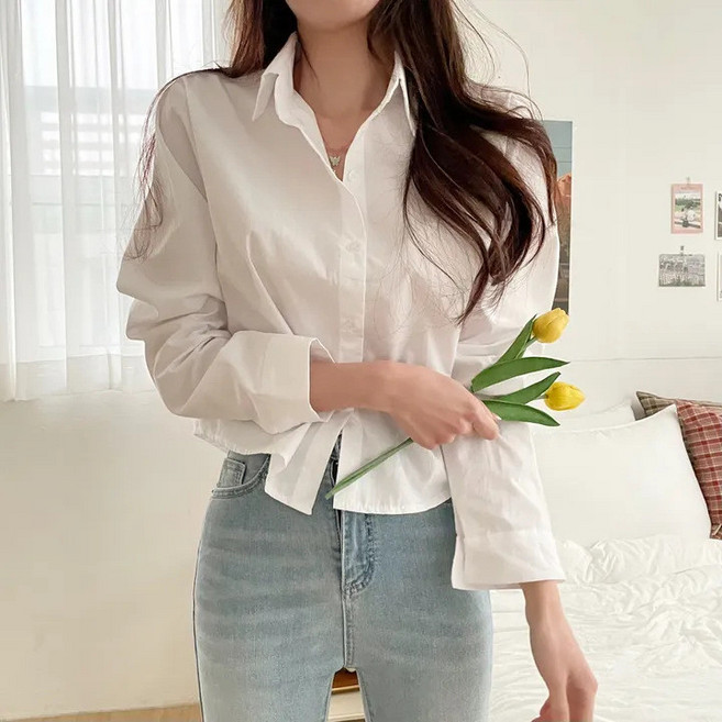 韓國日系短版襯衫女 長袖休閒百搭韓版秋季上衣