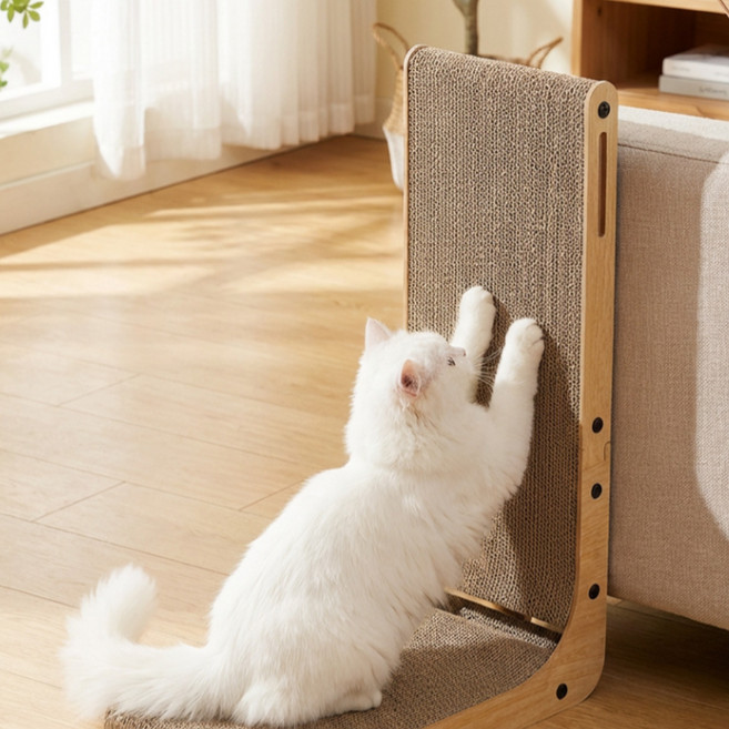 고양이 L자형 스크래쳐 소파 보호 매트 수직 가로 겸용 스크래치 보드, 1개, 우드베이지
