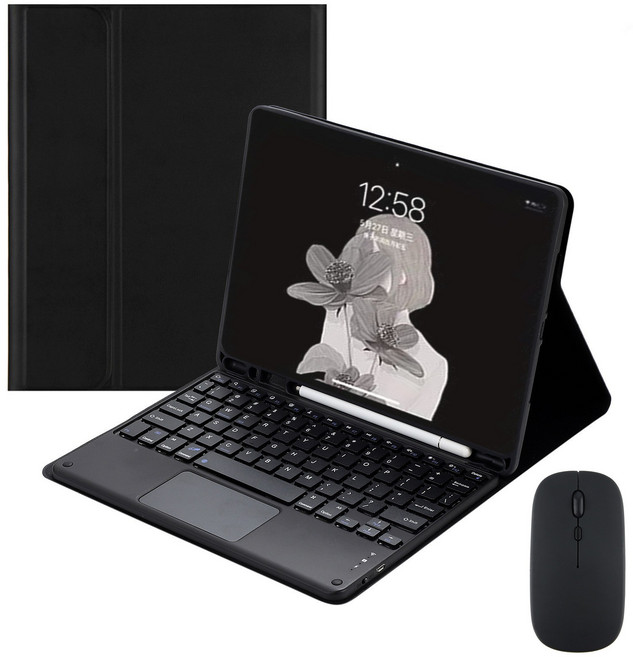 적용 갤럭시 탭 펜슬 수납 터치패드 한국어 키보드 케이스 + 마우스, 검은색, 1개