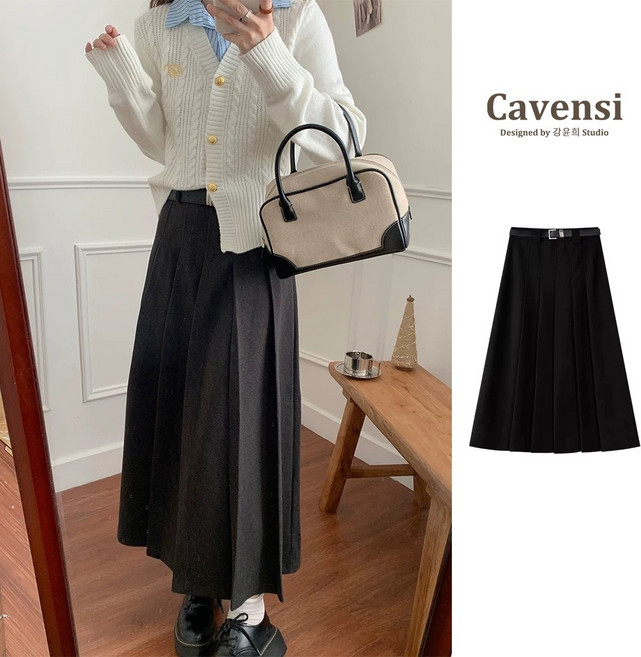 Cavensi 秋冬百褶長裙 附皮帶 顯瘦黑色