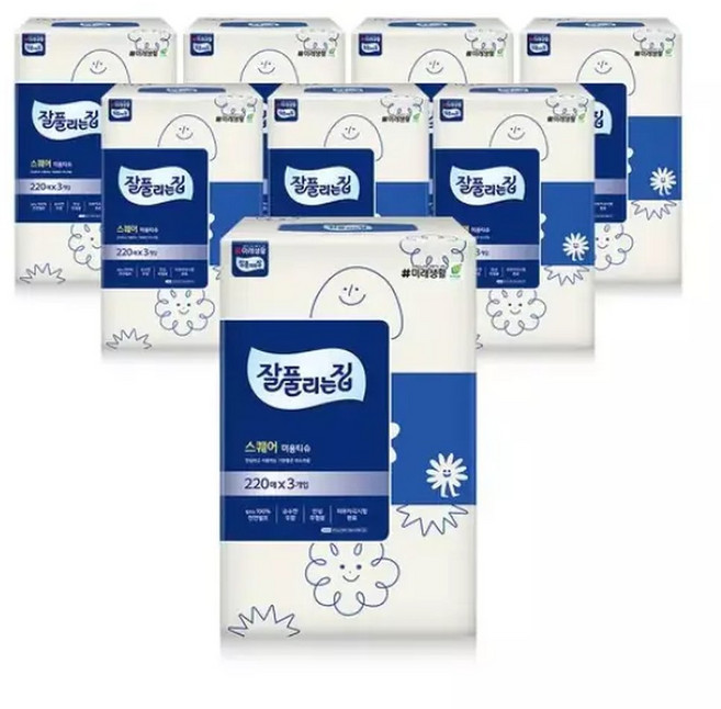 스퀘어 미용티슈 220매 x 3입 x 8팩, 8박스